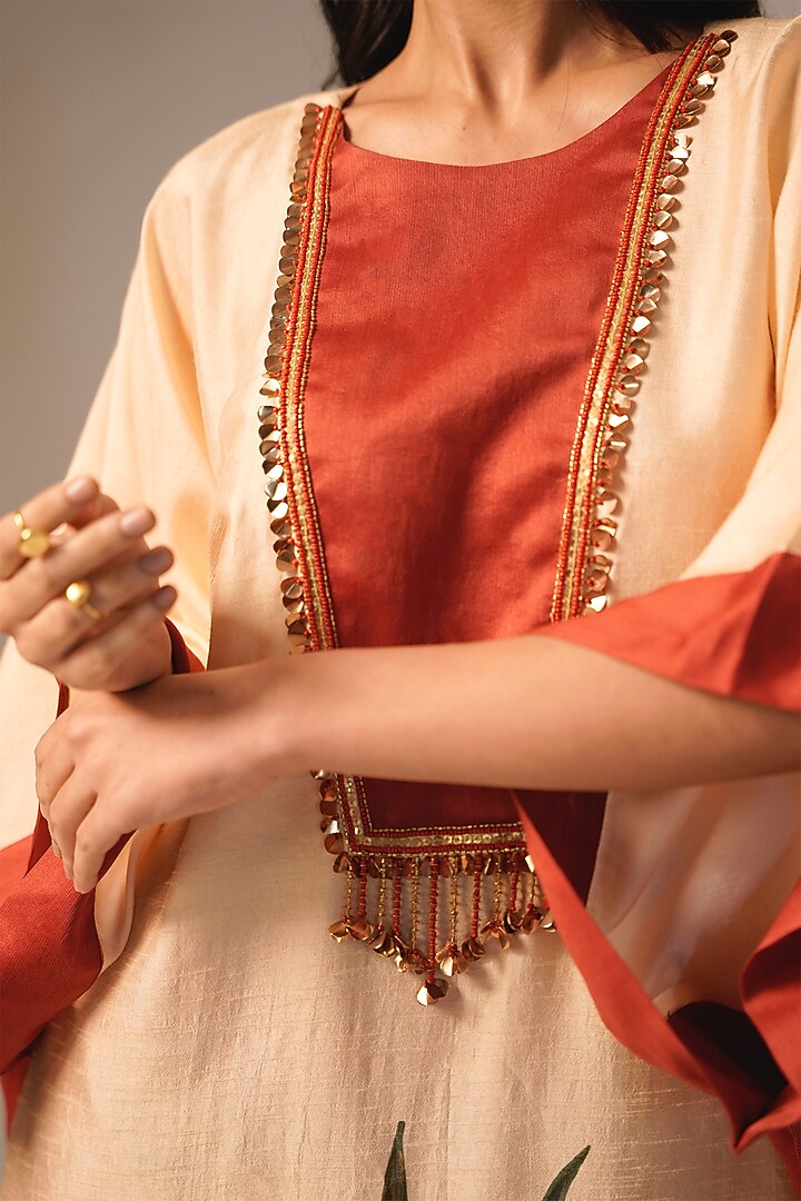 Cream Raw Silk Printed & Embroidered Kaftan Set by Aravi at Pernia's Pop Up Shop