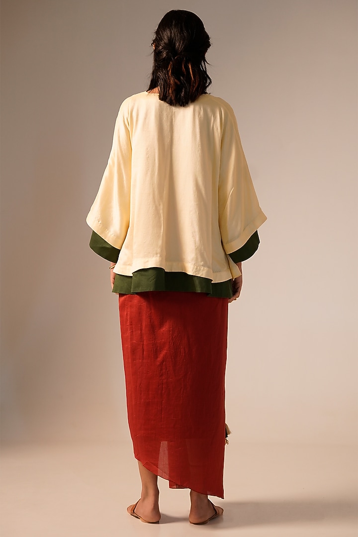 Deep Red Chanderi Silk Draped Skirt Set by Aravi at Pernia's Pop Up Shop