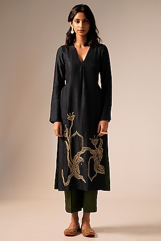 Navy Blue Bemberg Raw Silk Thread Hand Embroidered Kurta Set by Aravi