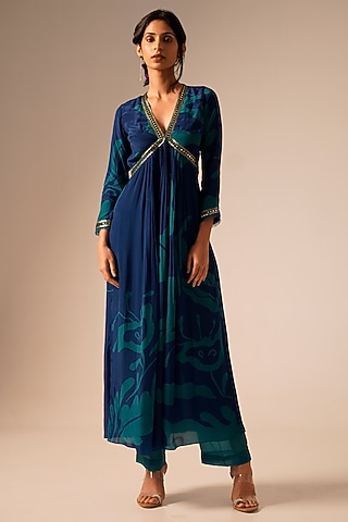Blue Cupro Crepe Embroidered Anarkali Set by Aravi