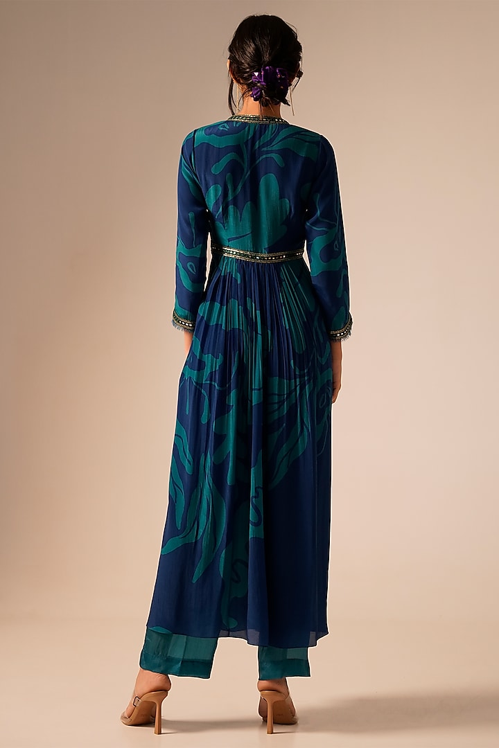 Blue Cupro Crepe Embroidered Party Wear Anarkali Set by Aravi at Pernia's Pop Up Shop