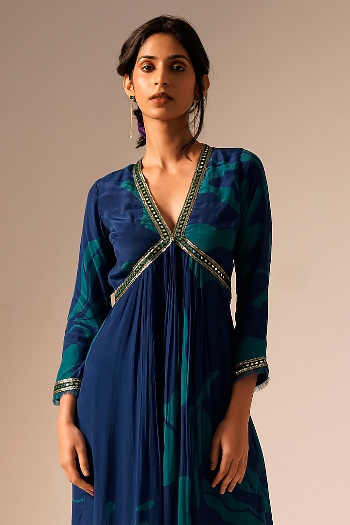 Blue Cupro Crepe Embroidered Party Wear Anarkali Set by Aravi at Pernia's Pop Up Shop