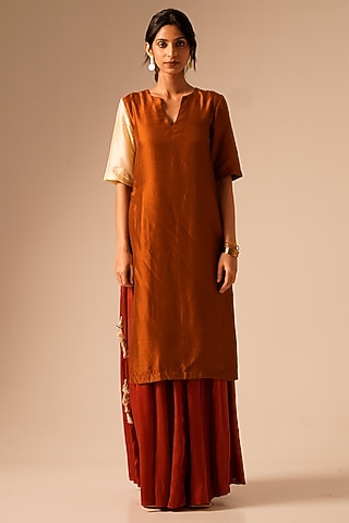 Deep Red Raw Silk Gathered Skirt Set by Aravi