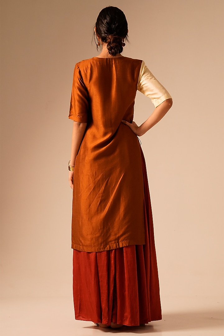 Deep Red Raw Silk Gathered Skirt Set by Aravi at Pernia's Pop Up Shop