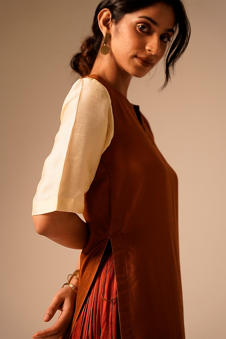 Deep Red Raw Silk Gathered Skirt Set by Aravi at Pernia's Pop Up Shop