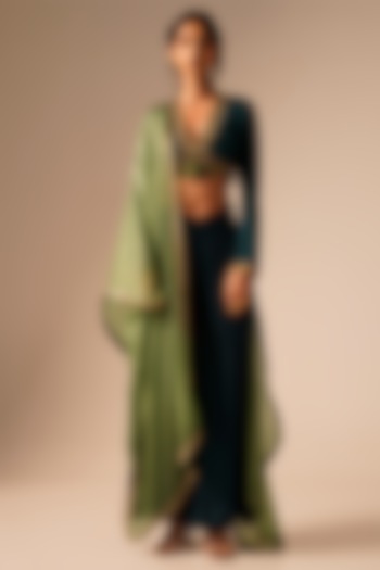 Teal Bemberg Raw Silk Palazzo Pant Set by Aravi at Pernia's Pop Up Shop