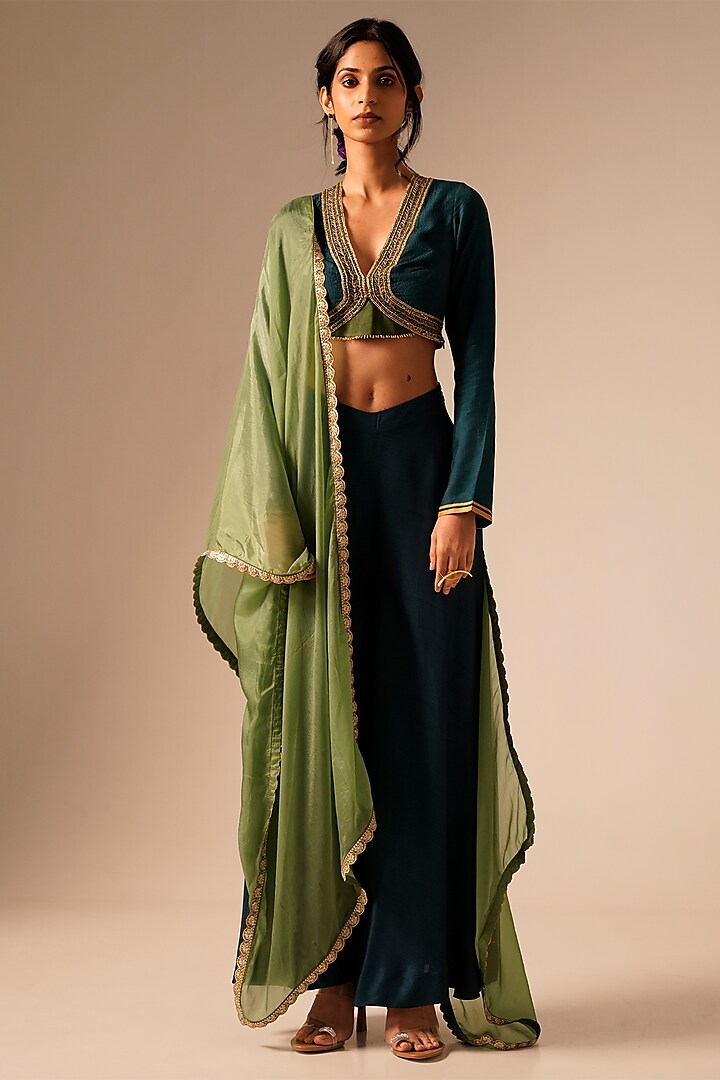 Teal Bemberg Raw Silk Palazzo Pant Set by Aravi at Pernia's Pop Up Shop