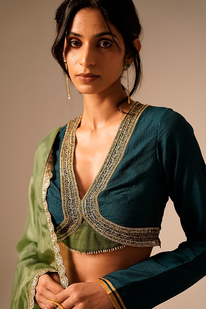 Teal Bemberg Raw Silk Palazzo Pant Set by Aravi at Pernia's Pop Up Shop