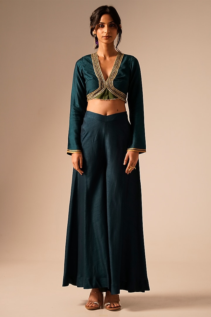 Teal Bemberg Raw Silk Palazzo Pant Set by Aravi at Pernia's Pop Up Shop