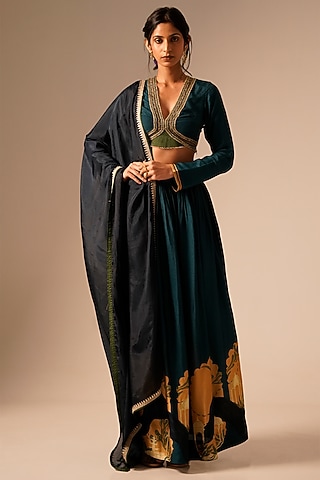 Teal Bemberg Raw Silk Skirt Set by Aravi
