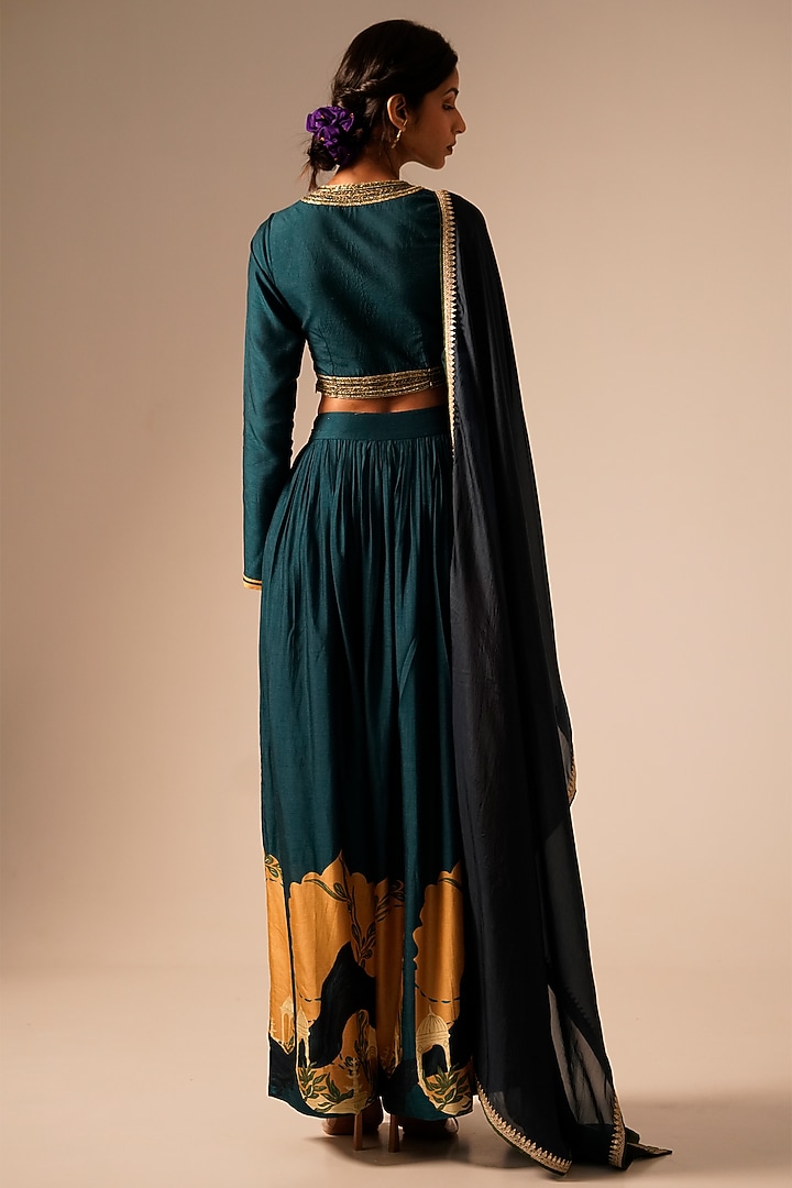 Teal Bemberg Raw Silk Skirt Set by Aravi at Pernia's Pop Up Shop