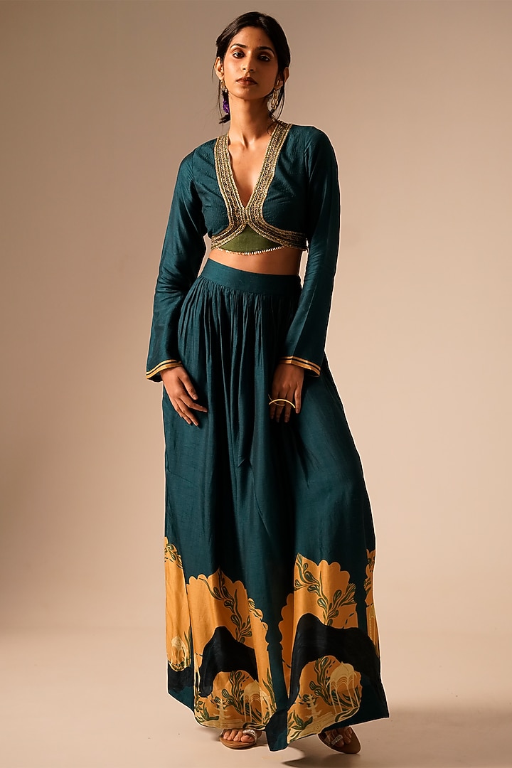 Teal Bemberg Raw Silk Skirt Set by Aravi at Pernia's Pop Up Shop
