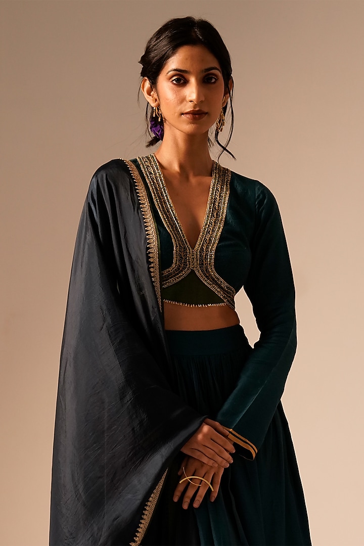 Teal Bemberg Raw Silk Skirt Set by Aravi at Pernia's Pop Up Shop