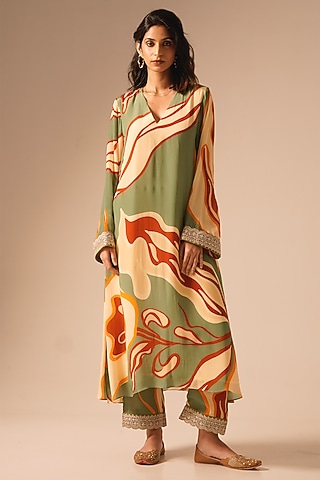 Multi-Colored Cupro Crepe Printed Kurta Set by Aravi