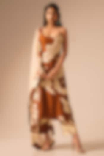 Rust Brown & Cream Bemberg Raw Silk Hand Embroidered Kurta Set by Aravi at Pernia's Pop Up Shop