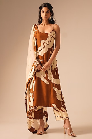 Rust Brown & Cream Bemberg Raw Silk Hand Embroidered Kurta Set by Aravi