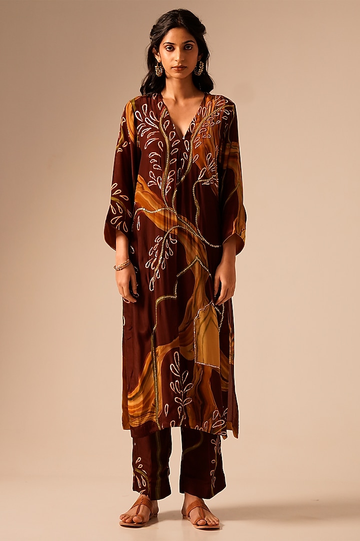 Rust Brown Crepe Pitta Hand Embroidered Kurta Set by Aravi at Pernia's Pop Up Shop