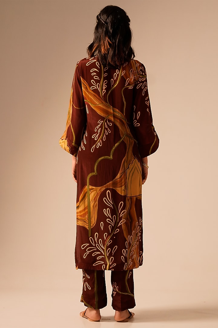 Rust Brown Crepe Pitta Hand Embroidered Kurta Set by Aravi at Pernia's Pop Up Shop
