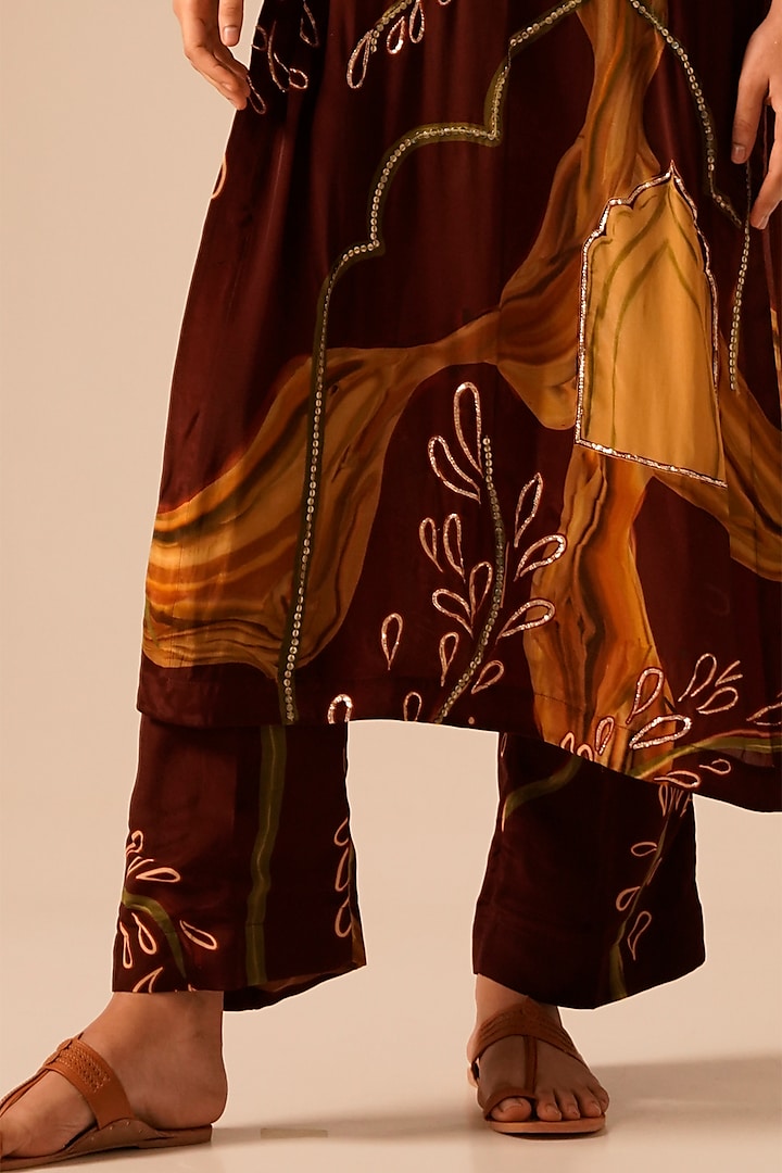 Rust Brown Crepe Pitta Hand Embroidered Kurta Set by Aravi at Pernia's Pop Up Shop