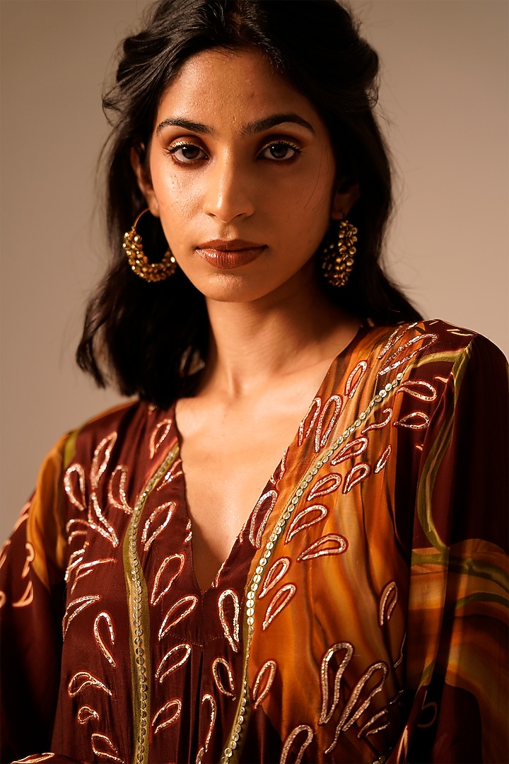 Rust Brown Crepe Pitta Hand Embroidered Kurta Set by Aravi at Pernia's Pop Up Shop