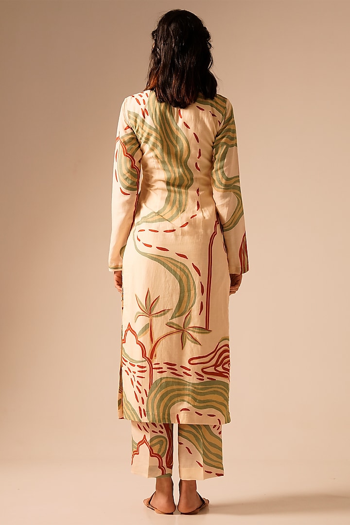Cream Linen Georgette Hand Embroidered Kurta Set by Aravi at Pernia's Pop Up Shop