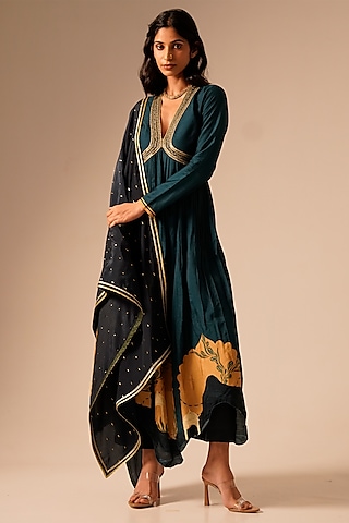 Multi-Colored Bemberg Raw Silk Hand Embroidered Kurta Set by Aravi