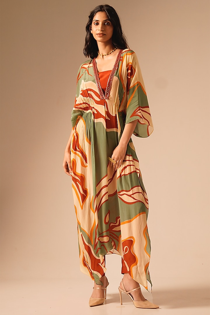 Multi-Colored Crepe Embroidered Kaftan Set by Aravi at Pernia's Pop Up Shop