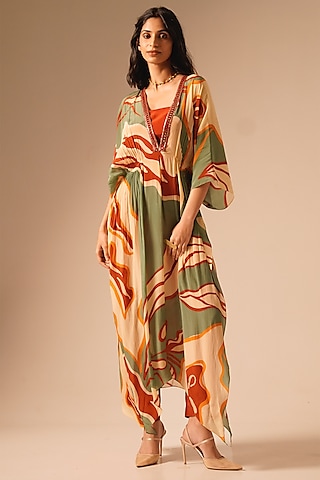 Multi-Colored Crepe Embroidered Kaftan Set by Aravi