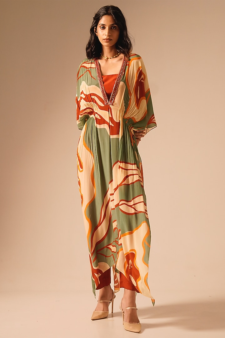 Multi-Colored Crepe Embroidered Kaftan Set by Aravi at Pernia's Pop Up Shop