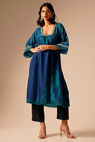 Teal Blue Bemberg Raw Silk Digital Printed Kaftan Set by Aravi