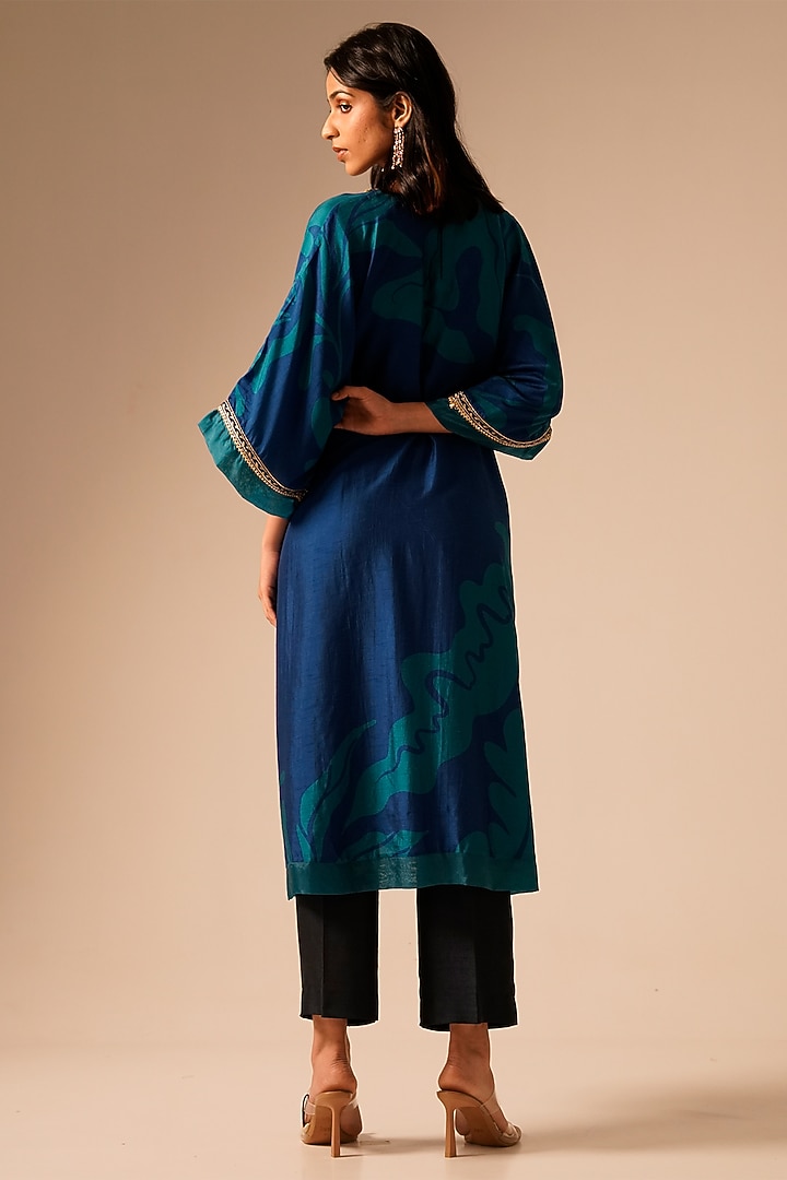 Teal Blue Bemberg Raw Silk Digital Printed Kaftan Set by Aravi at Pernia's Pop Up Shop