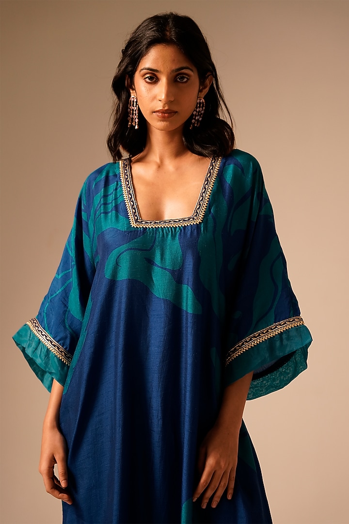 Teal Blue Bemberg Raw Silk Digital Printed Kaftan Set by Aravi at Pernia's Pop Up Shop
