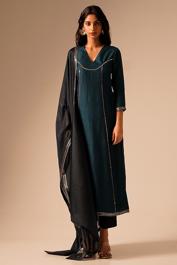 Teal Bemberg Raw Silk Embroidered Kurta Set by Aravi at Pernia's Pop Up Shop