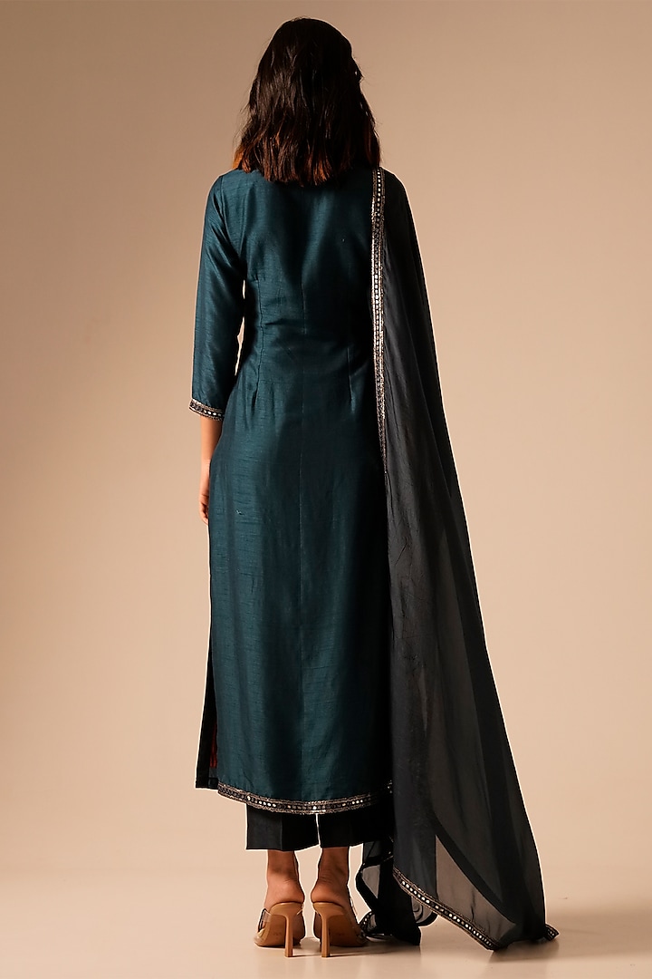 Teal Bemberg Raw Silk Embroidered Kurta Set by Aravi at Pernia's Pop Up Shop