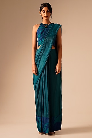 Bright Teal Tabby Printed Pre-Draped Saree Set by Aravi