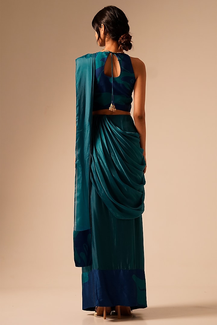Bright Teal Tabby Printed Pre-Draped Party Wear Saree Set by Aravi at Pernia's Pop Up Shop