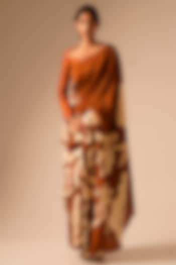 Rust Brown Bemberg Raw Silk Printed Saree Set by Aravi at Pernia's Pop Up Shop