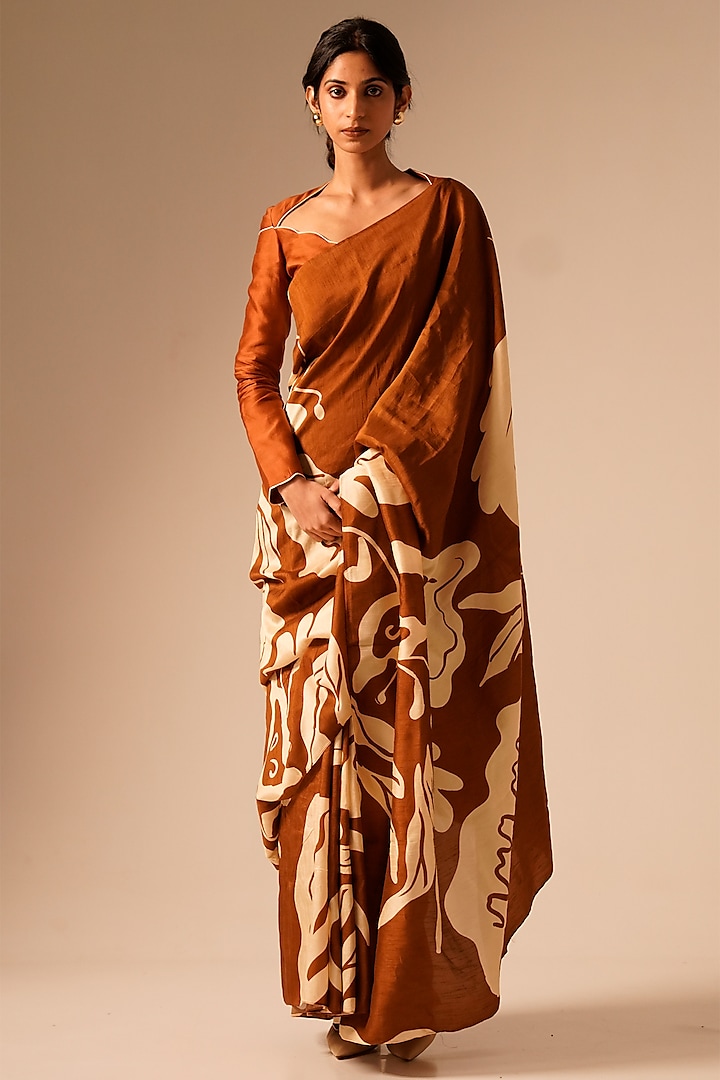 Rust Brown Bemberg Raw Silk Printed Saree Set by Aravi at Pernia's Pop Up Shop