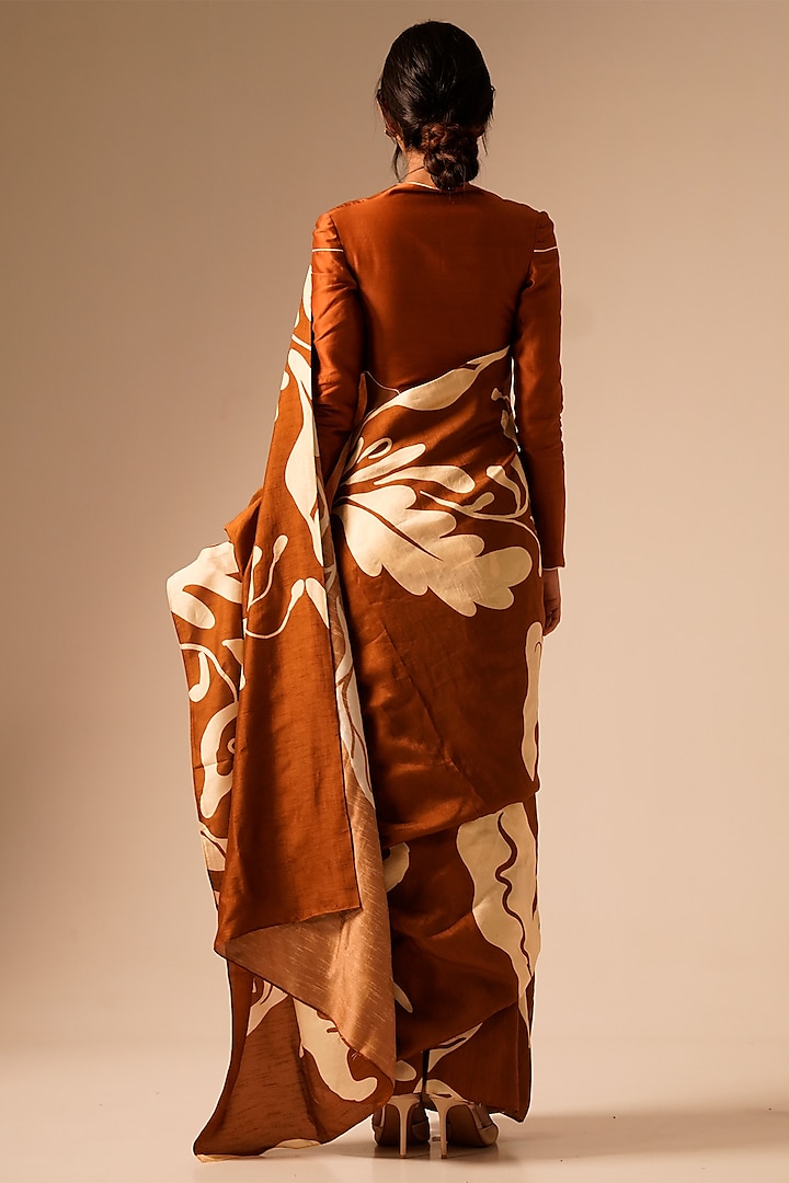 Rust Brown Bemberg Raw Silk Printed Party Wear Saree Set by Aravi at Pernia's Pop Up Shop