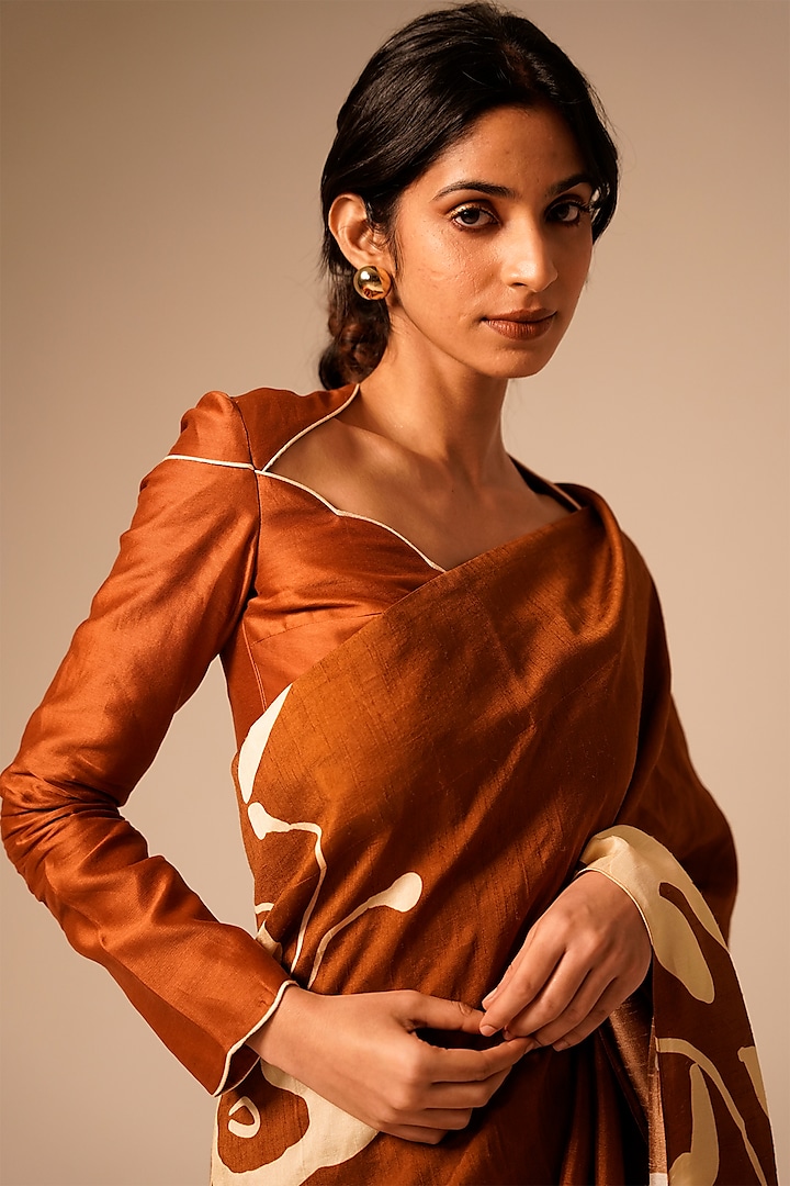 Rust Brown Bemberg Raw Silk Printed Party Wear Saree Set by Aravi at Pernia's Pop Up Shop