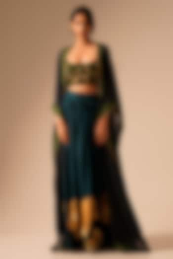 Teal Bemberg Raw Silk Printed Gathered Skirt Set by Aravi at Pernia's Pop Up Shop