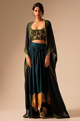 Teal Bemberg Raw Silk Printed Gathered Skirt Set by Aravi