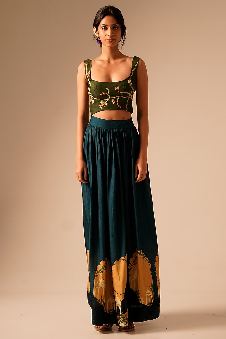 Teal Bemberg Raw Silk Printed Gathered Skirt Set by Aravi at Pernia's Pop Up Shop