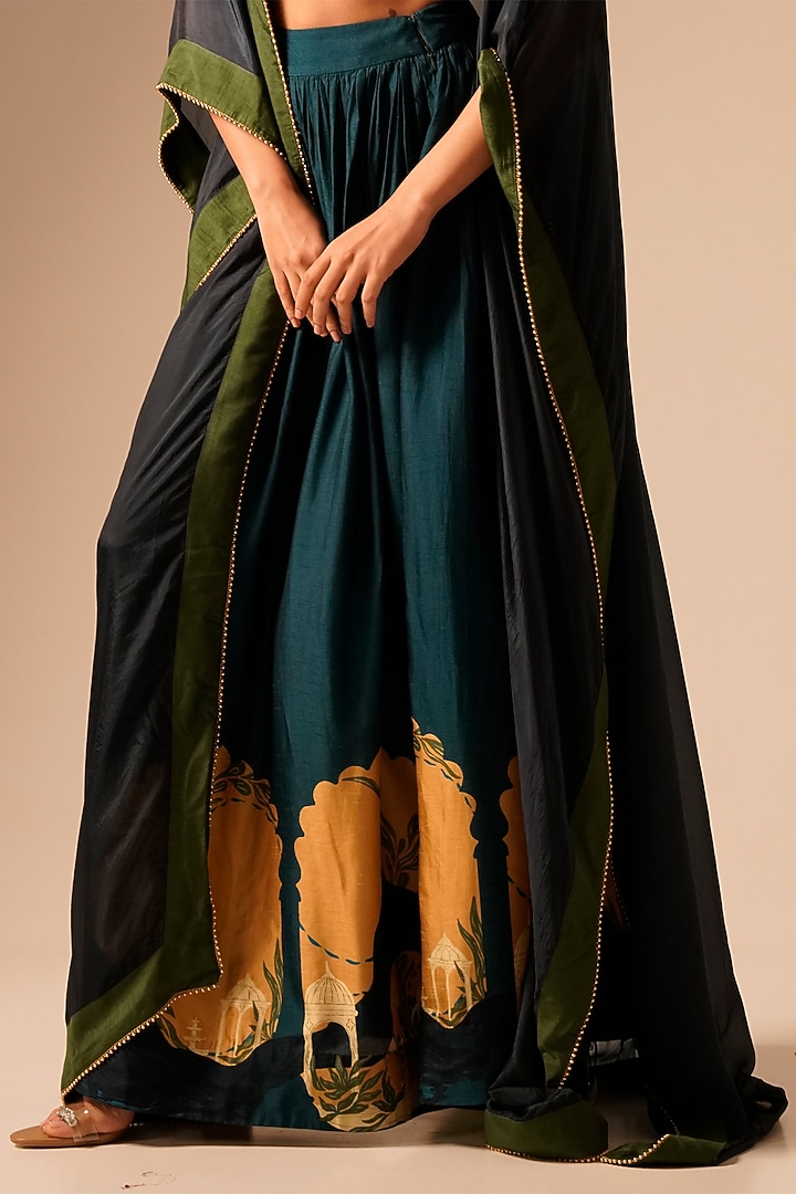 Teal Bemberg Raw Silk Printed Gathered Skirt Set by Aravi at Pernia's Pop Up Shop