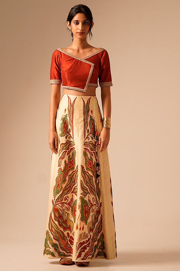 Multi-Colored Bemberg Raw Silk Embroidered Asymmetric Wedding Lehenga Set by Aravi at Pernia's Pop Up Shop