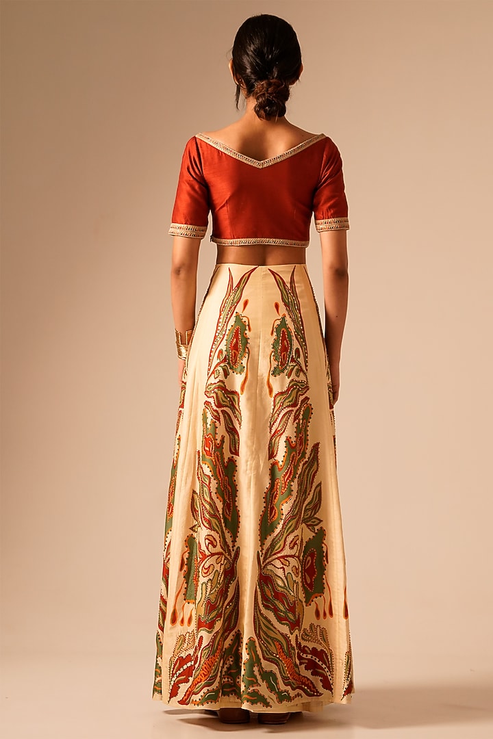 Multi-Colored Bemberg Raw Silk Embroidered Asymmetric Wedding Lehenga Set by Aravi at Pernia's Pop Up Shop