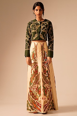Multi-Colored Bemberg Raw Silk Embroidered Jacket Lehenga Set by Aravi