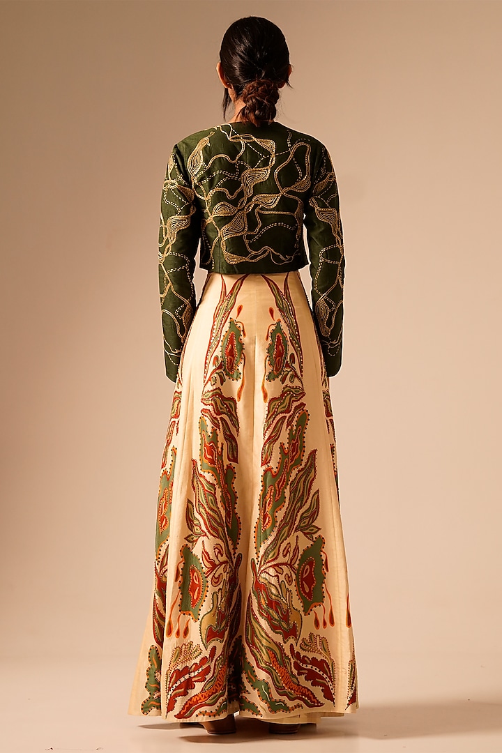 Multi-Colored Bemberg Raw Silk Embroidered Jacket Wedding Lehenga Set by Aravi at Pernia's Pop Up Shop