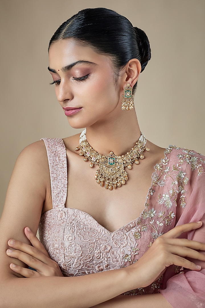 Gold Finish Whited Beaded & Ruby Stone Pendant Necklace Set by Aryah Jewels at Pernia's Pop Up Shop
