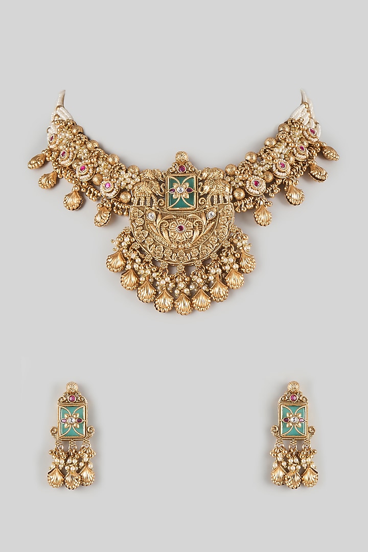 Gold Finish Whited Beaded & Ruby Stone Pendant Necklace Set by Aryah Jewels at Pernia's Pop Up Shop